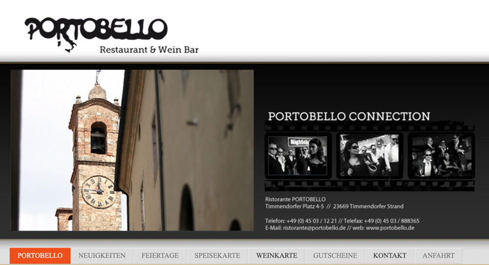 Screenshot der Portobello Webseite. Links ein Kirchenturm, rechts Auszüge aus der Szene.