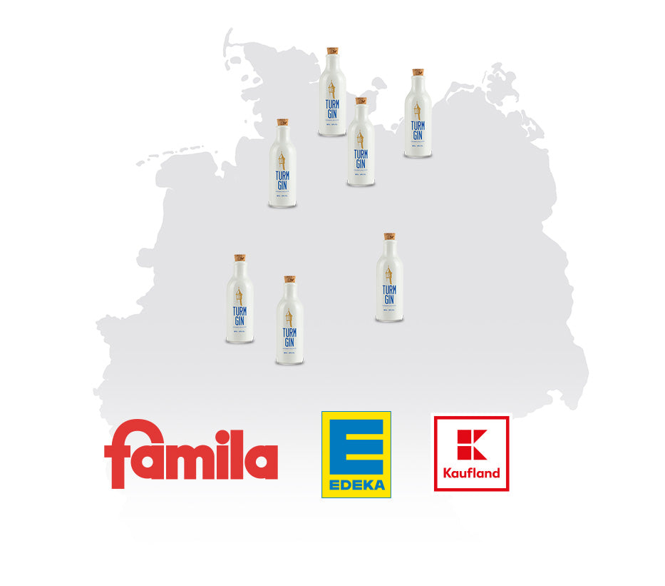 Umrisse einer Deutschland Karte mit TURM GIN Flaschen und den Logos von famila, EDEKA und KAUFLAND.