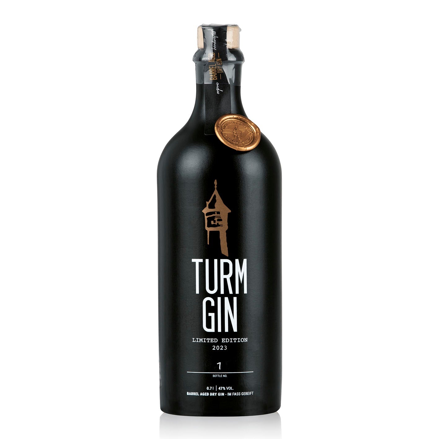Schwarze Flasche TURM GIN Limited Edition 2023 mit Turmsiegel vor weißem Hintergrund.