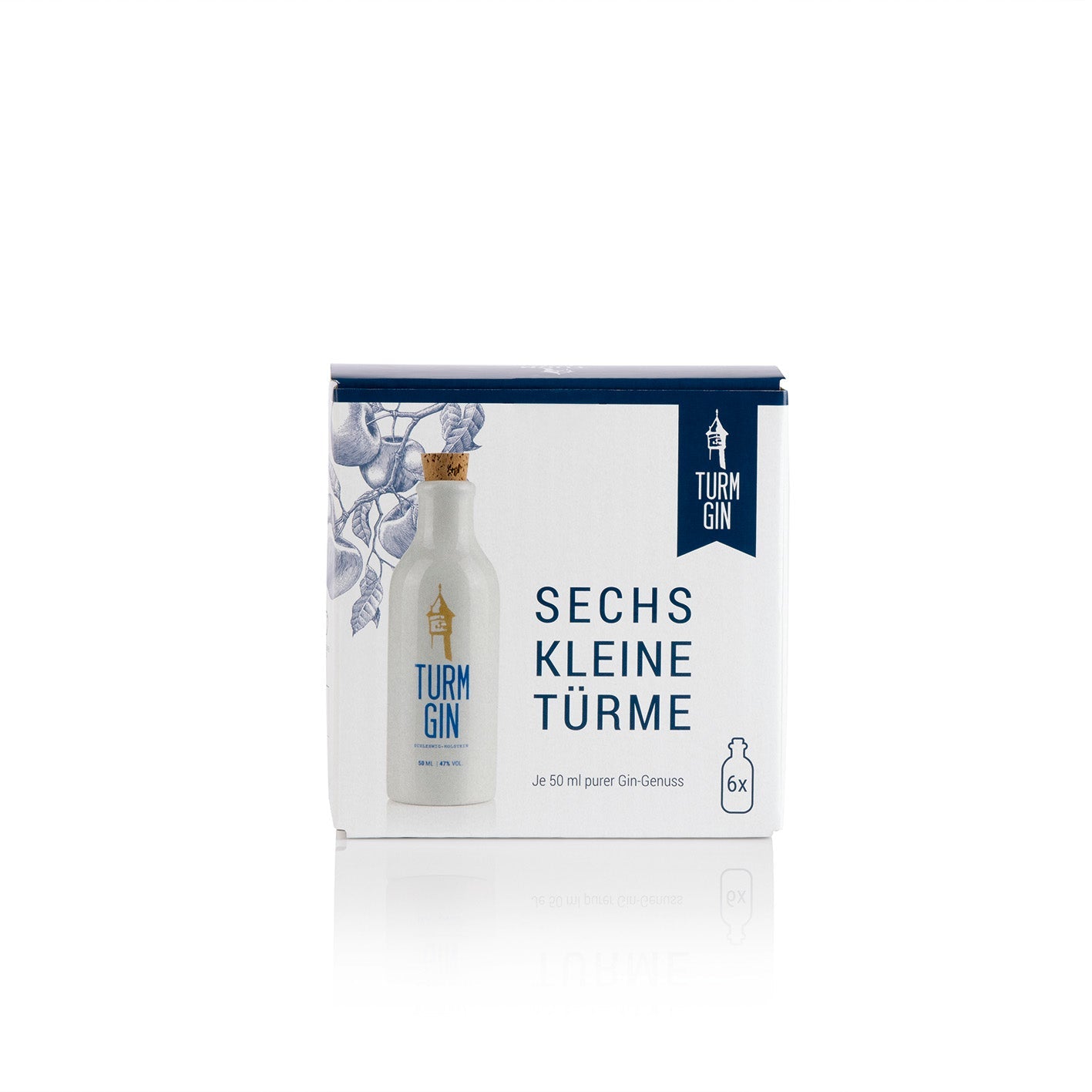 Verpackung der TURM GIN Miniatur-Flasche mit 50 ml vor weißem Hintergrund.