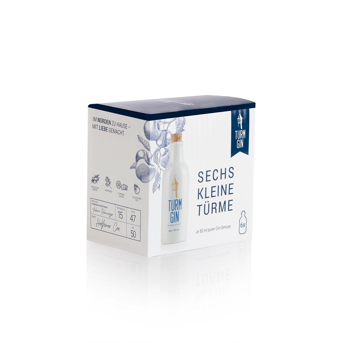 Seitliche Ansicht der Verpackung der TURM GIN Miniatur-Flasche mit 50 ml vor weißem Hintergrund.