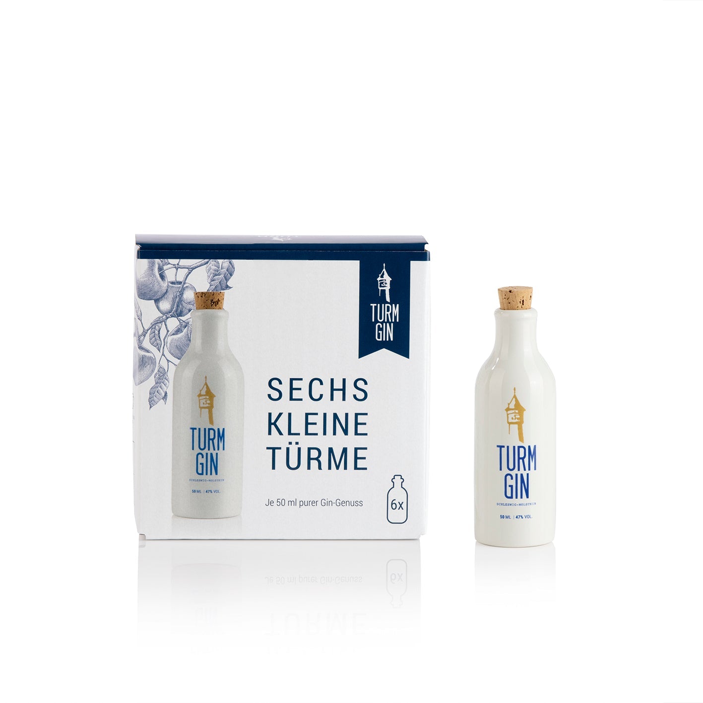 Verpackung der TURM GIN Miniatur-Flasche 6er-Set, daneben eine Flasche vor weißem Hintergrund.