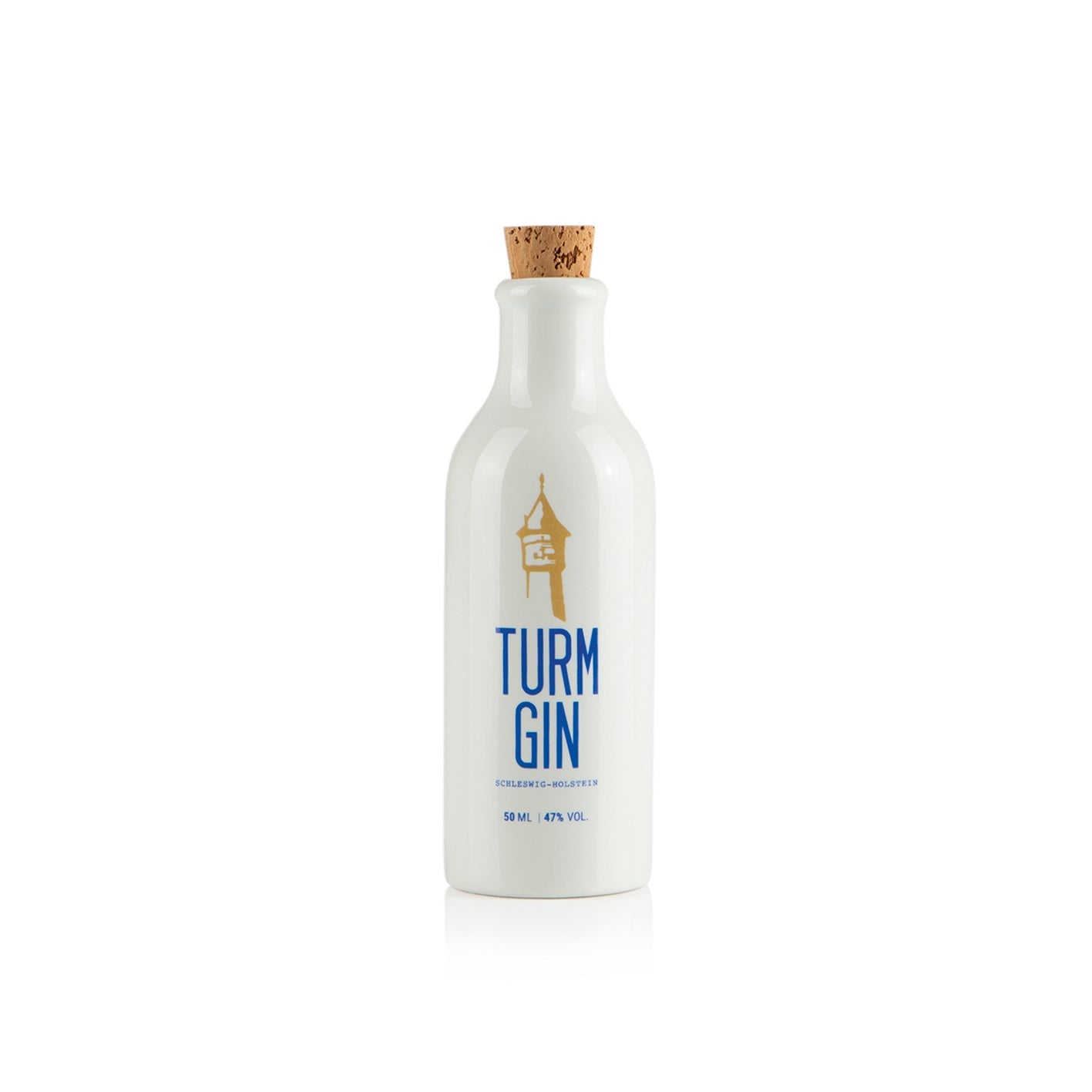 TURM GIN Miniatur-Flasche mit 50 ml vor weißem Hintergrund.