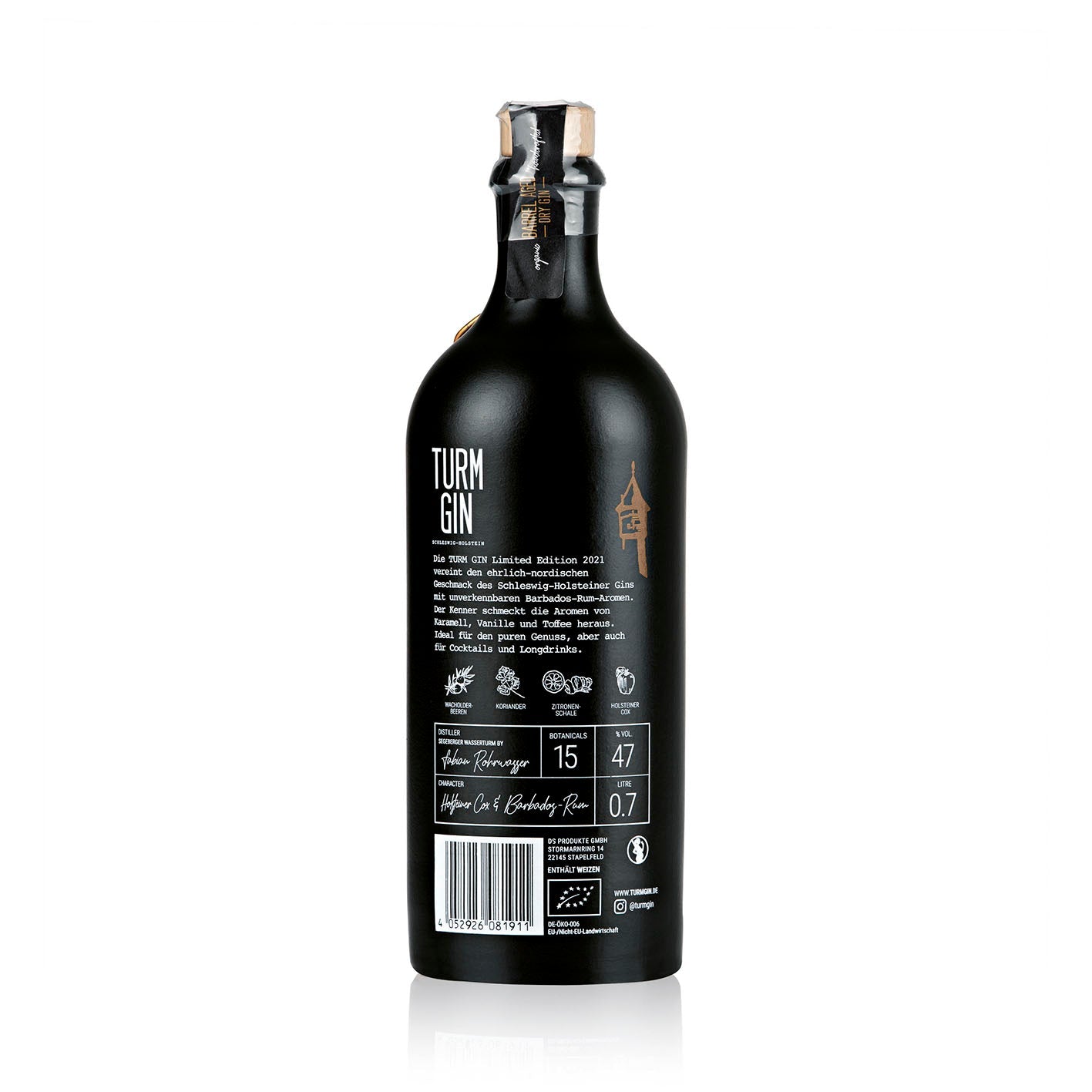 Rückseite der schwarzen TURM GIN Barrel Aged Flasche der Limited Edition 2021 mit Turmsiegel vor weißem Hintergrund.