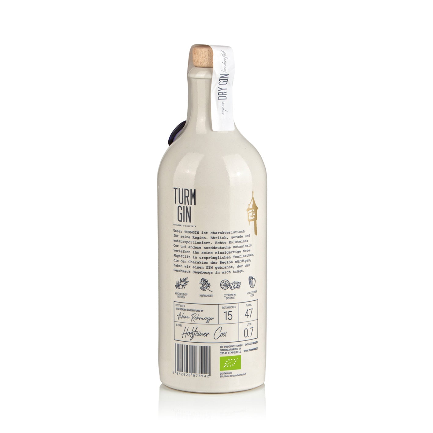 Rückseite der weißen Flasche TURM GIN Dry Gin mit Beschreibung und Botanicals.